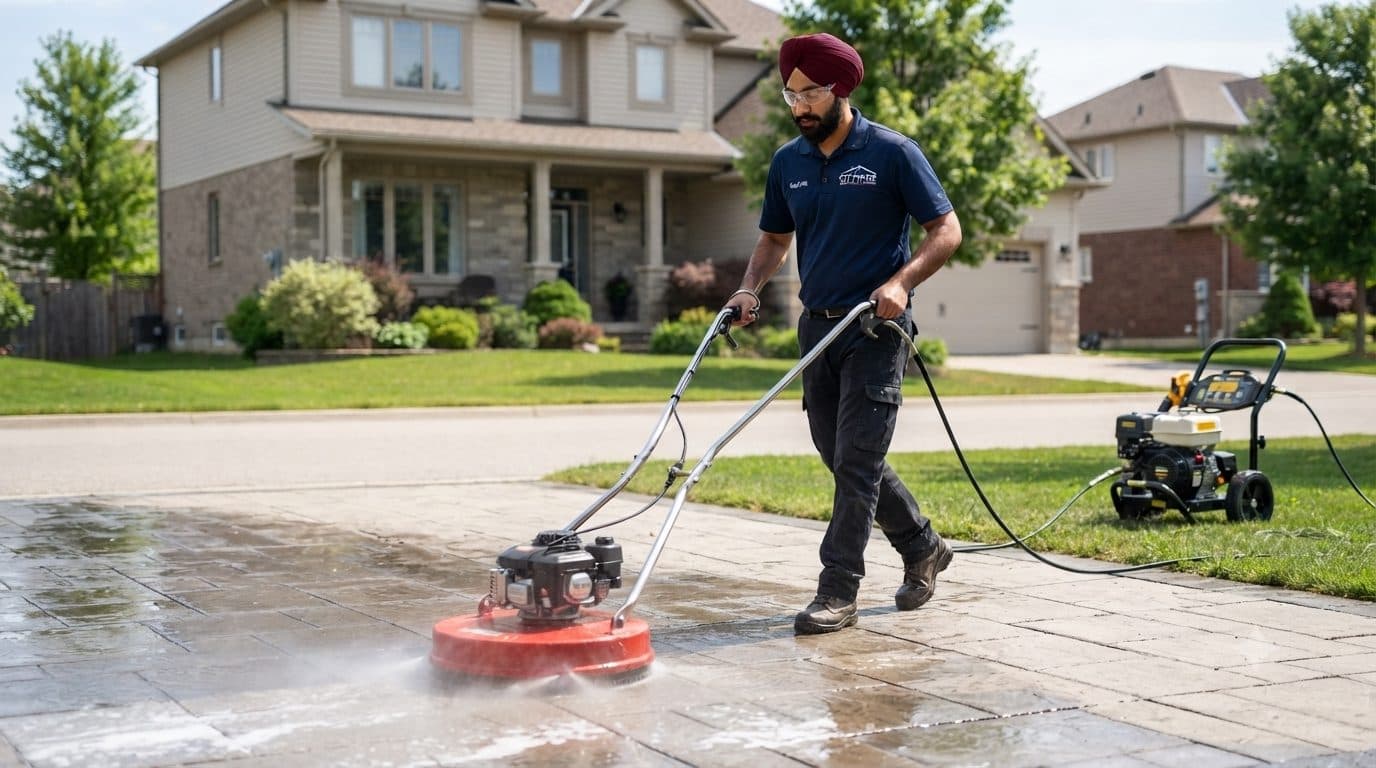 Singh Exterior Cleaning technician pressure washing a stamped concrete driveway in front of a two-storey home