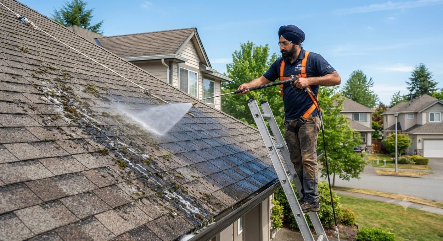 Singh Exterior Cleaning technician cleaning a residential roof